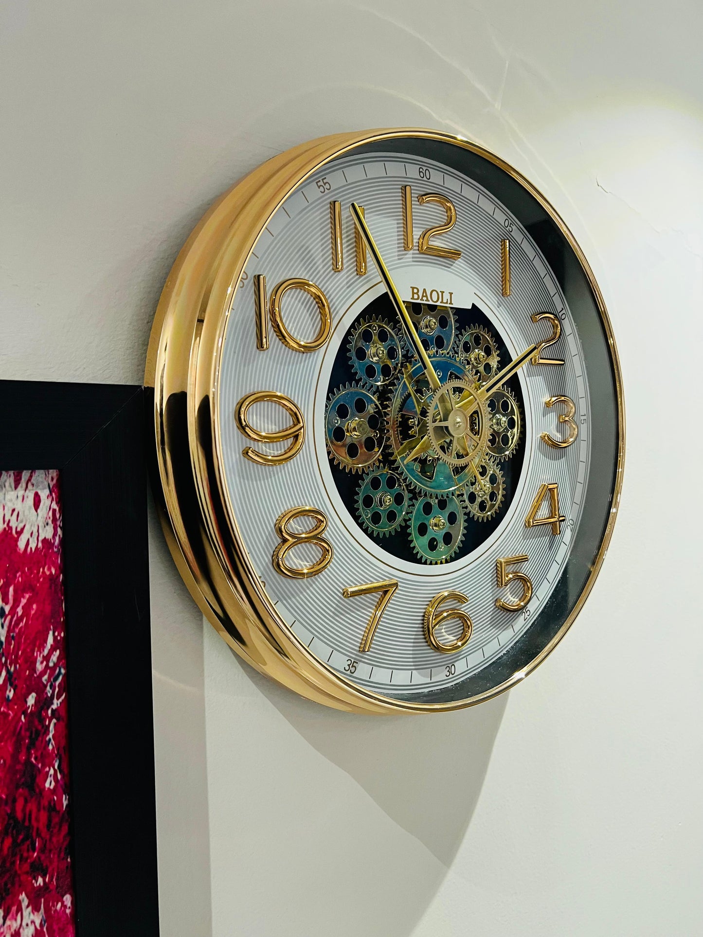3D Gold Gear Wall Clock with Roman Numbers | Baoli Designer Clock for Living Room & Office in Pakistan