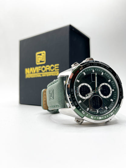 Naviforce Green Chronograph Men’s Watch – Dual Display Military Sports Watch with Leather Strap
