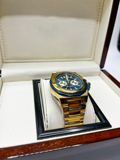 Ticarto Luxury Gold Chronograph Quartz Watch for Men – Stainless Steel Analog Wristwatch with Calendar & Dual Sub-Dials