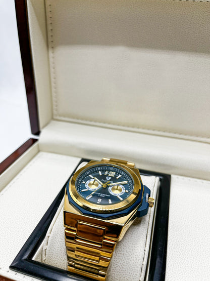 Ticarto Luxury Gold Chronograph Quartz Watch for Men – Stainless Steel Analog Wristwatch with Calendar & Dual Sub-Dials