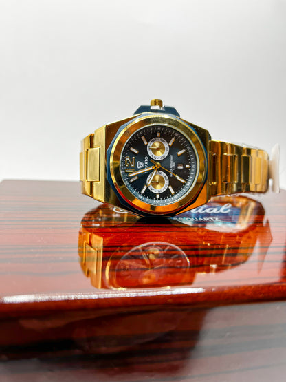 Ticarto Luxury Gold Chronograph Quartz Watch for Men – Stainless Steel Analog Wristwatch with Calendar & Dual Sub-Dials