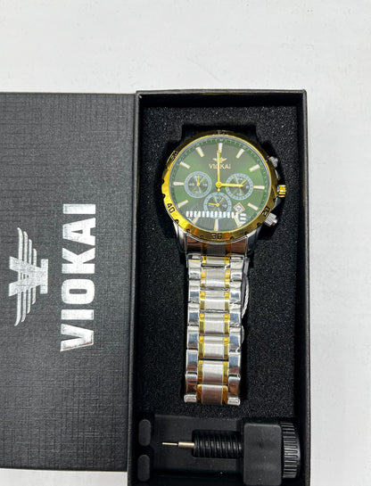 Viokai Gold & Silver Men’s Chronograph Watch – Luxury Stainless Steel Quartz Wristwatch