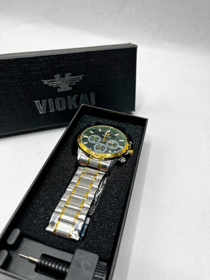 Viokai Gold & Silver Men’s Chronograph Watch – Luxury Stainless Steel Quartz Wristwatch