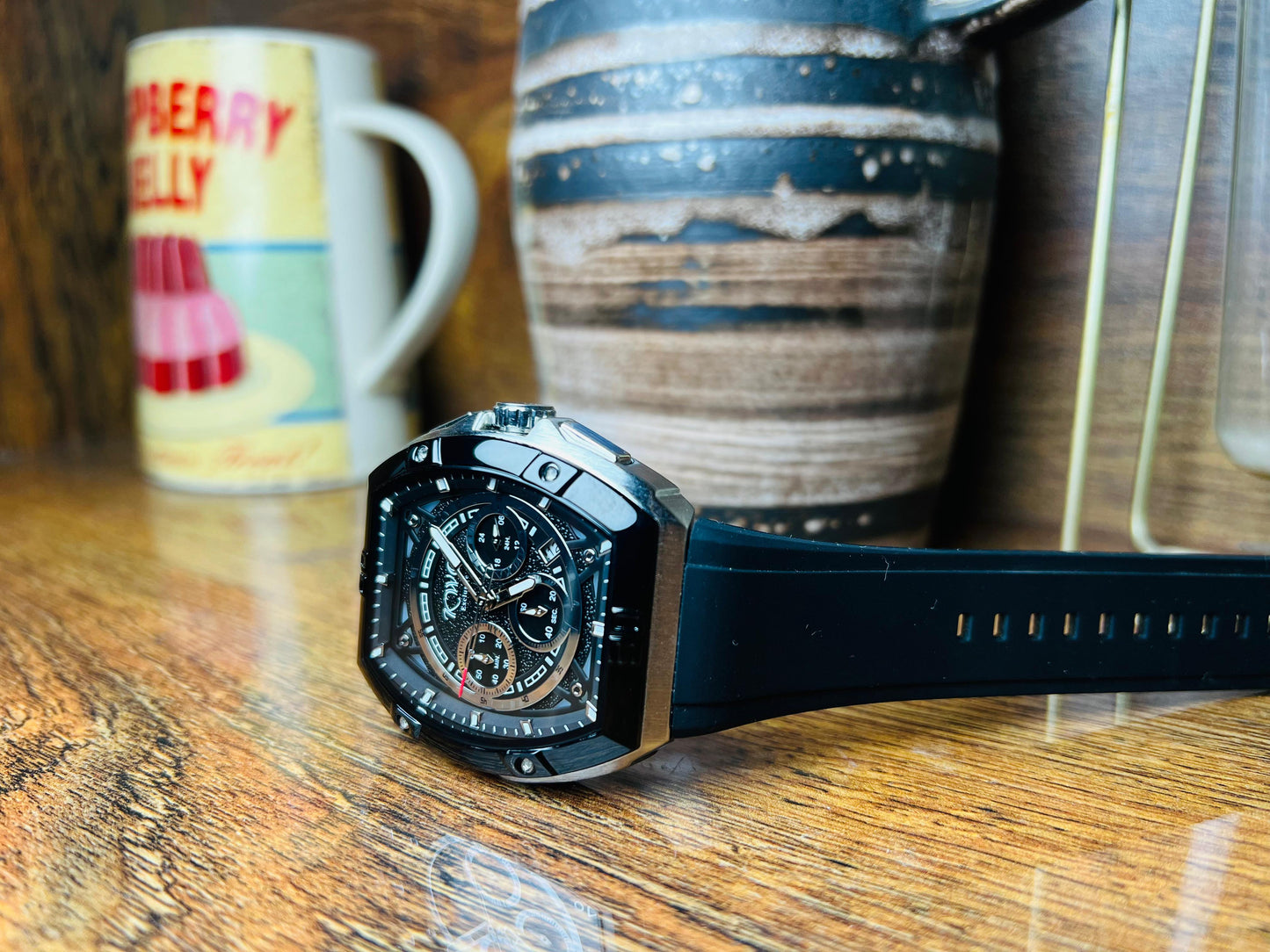 Luxury Men's Chronograph Watch – Black Dial, Rubber Strap | Shahzada Watches Pakistan