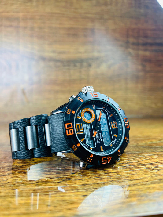 Digital Sports Watch for Men – Black & Orange Design with Alarm, Light & Stopwatch | ShahzadaWatches.pk