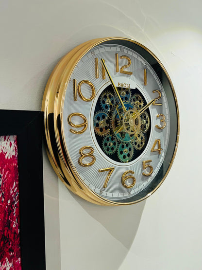 3D Gold Gear Wall Clock with Roman Numbers | Baoli Designer Clock for Living Room & Office in Pakistan