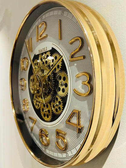 3D Gold Gear Wall Clock with Roman Numbers | Baoli Designer Clock for Living Room & Office in Pakistan