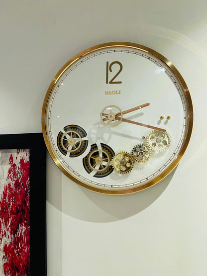 Golden Gear Wall Clock with Moving Cogs | Baoli Decorative Wall Clock – White Dial for Luxury Homes