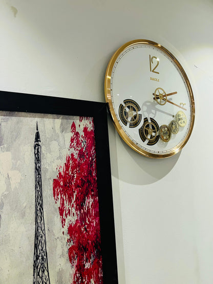 Golden Gear Wall Clock with Moving Cogs | Baoli Decorative Wall Clock – White Dial for Luxury Homes
