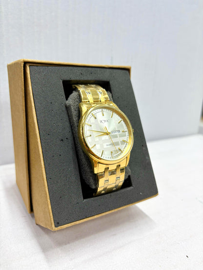 Men’s Full Gold Stainless Steel Quartz Analog Watch with Day & Date Calendar