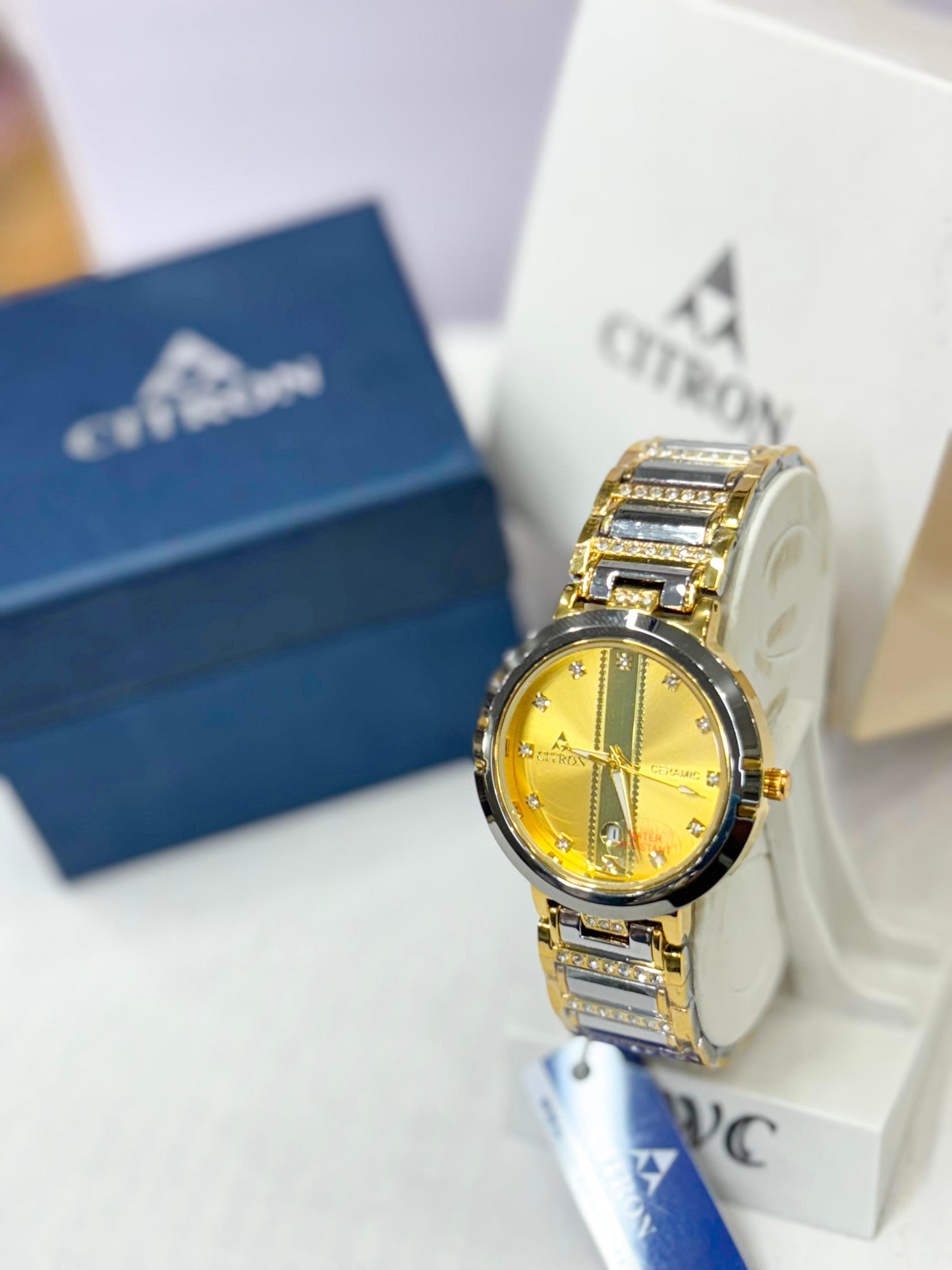 Citron Men’s Gold Stainless Steel Quartz Analog Watch with Diamond Markers & Date