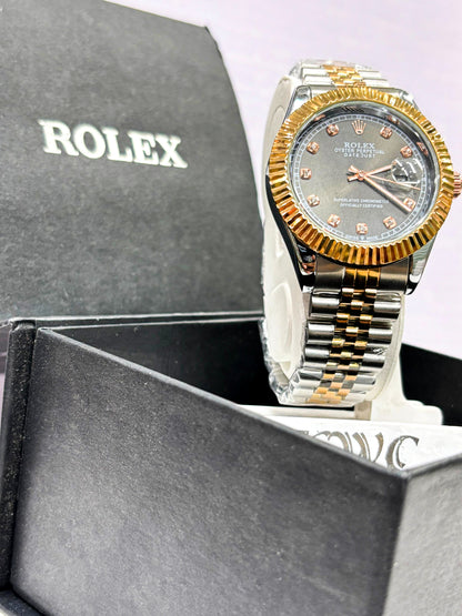 Men’s Rolex-Style Dual Tone Stainless Steel Watch | Luxury Quartz Analog Watch with Date