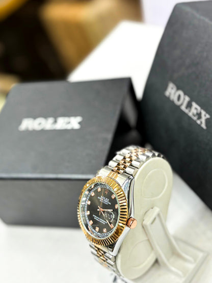 Men’s Rolex-Style Dual Tone Stainless Steel Watch | Luxury Quartz Analog Watch with Date