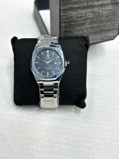 Ticarto Men’s Silver Stainless Steel Quartz Analog Watch with Date Display