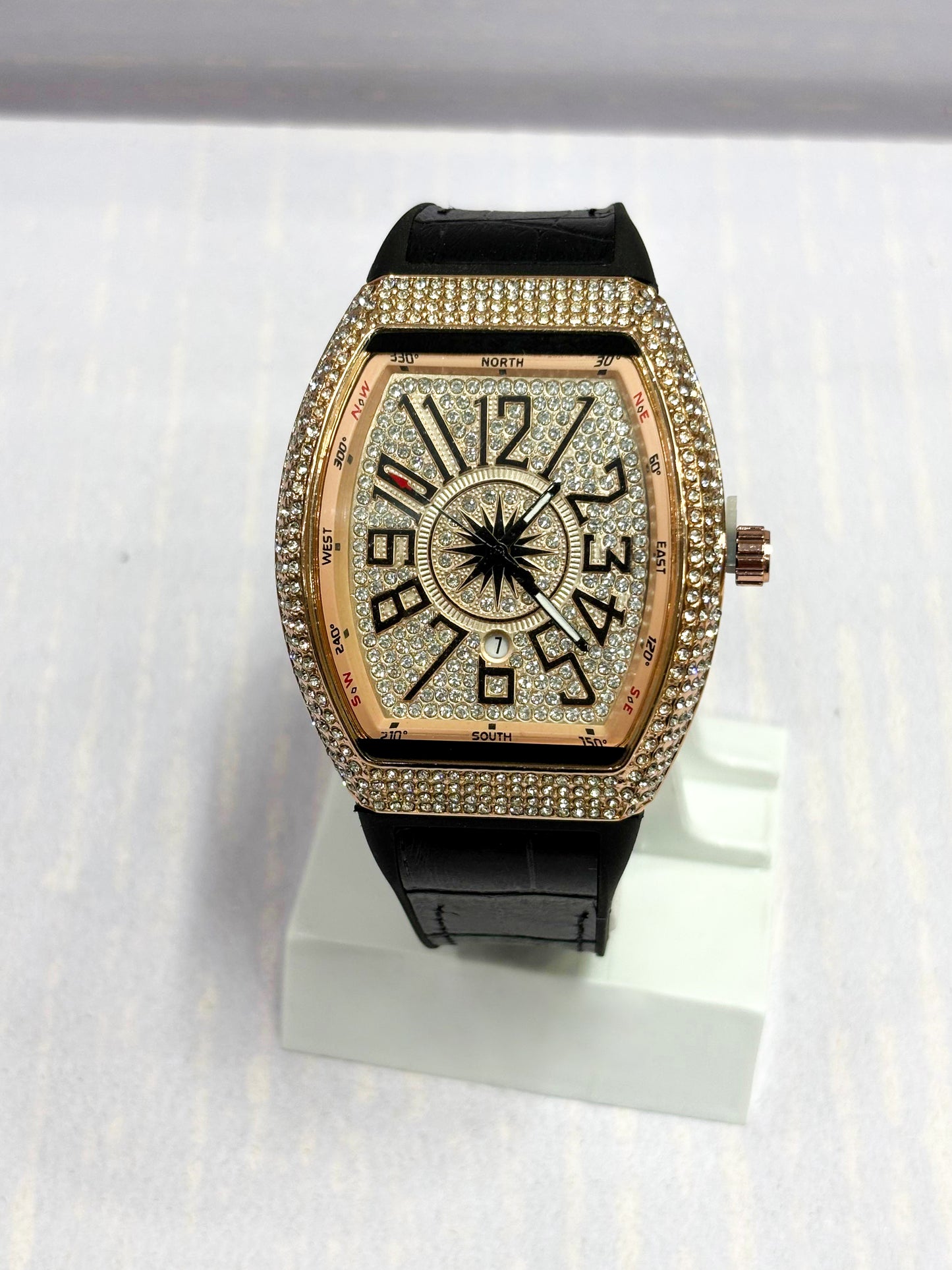 Luxury Men’s Diamond Bezel Tonneau Watch | Quartz Analog Watch with Leather Strap (3 Color Variants)