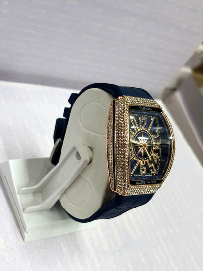 Luxury Men’s Diamond Bezel Tonneau Watch | Quartz Analog Watch with Leather Strap (3 Color Variants)