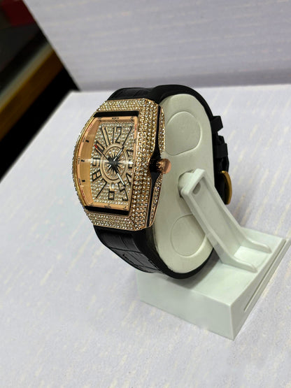 Luxury Men’s Diamond Bezel Tonneau Watch | Quartz Analog Watch with Leather Strap (3 Color Variants)