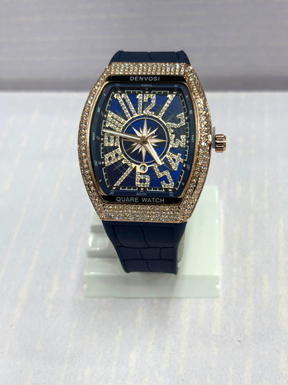 Luxury Men’s Diamond Bezel Tonneau Watch | Quartz Analog Watch with Leather Strap (3 Color Variants)