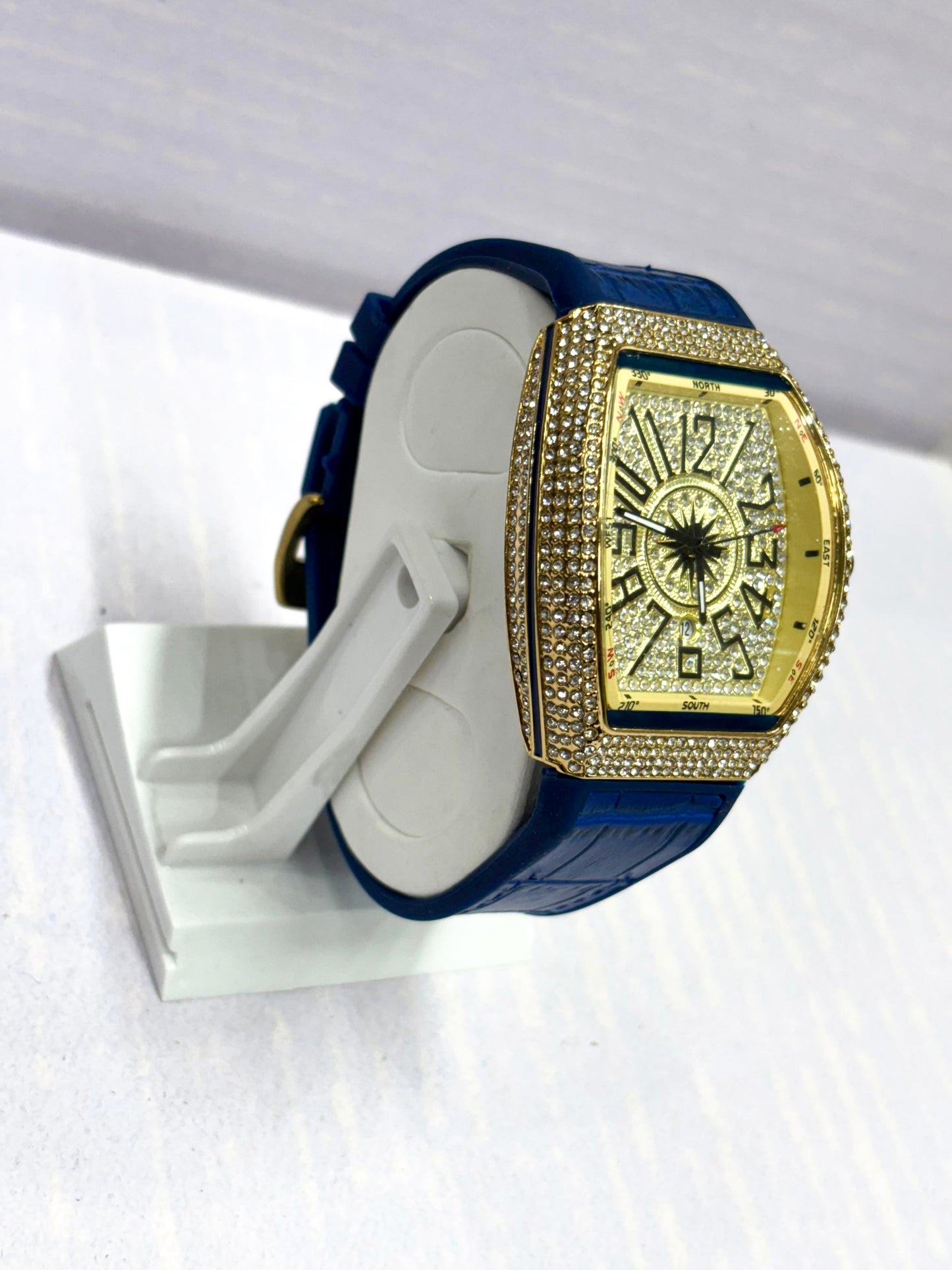 Luxury Men’s Diamond Bezel Tonneau Watch | Quartz Analog Watch with Leather Strap (3 Color Variants)