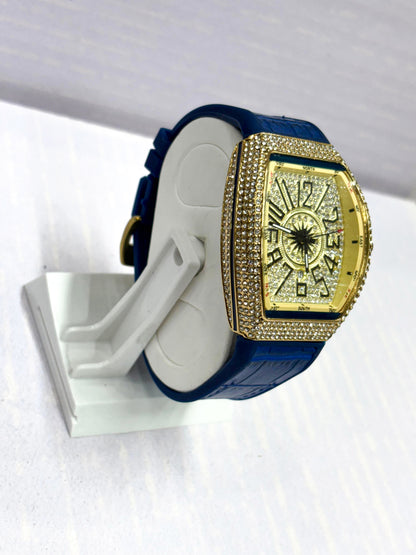 Luxury Men’s Diamond Bezel Tonneau Watch | Quartz Analog Watch with Leather Strap (3 Color Variants)