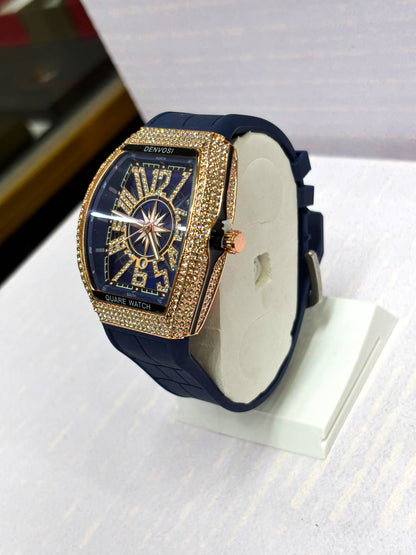 Luxury Men’s Diamond Bezel Tonneau Watch | Quartz Analog Watch with Leather Strap (3 Color Variants)