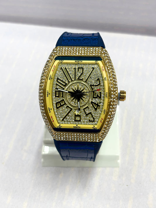 Luxury Men’s Diamond Bezel Tonneau Watch | Quartz Analog Watch with Leather Strap (3 Color Variants)