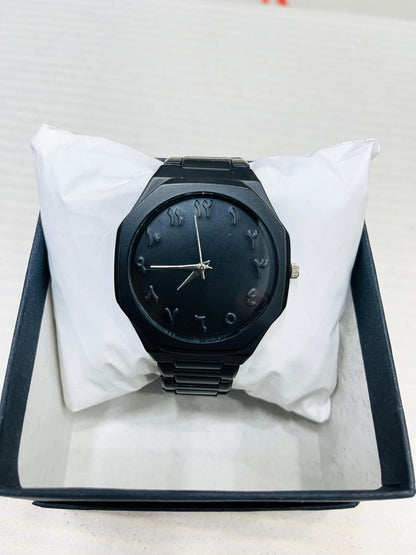 Arabic Aura Numerals Black Dial Men’s Stainless Steel Quartz Watch